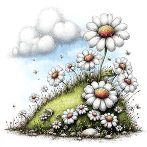 Op de afbeelding: Een grillige illustratie van een grasheuvel bezaaid met madeliefjes. De madeliefjes hebben witte bloemblaadjes en geel-oranje centra. Een donzige wolk zweeft in de blauwe lucht, en kleine insecten vliegen rond de bloemen. Het kunstwerk heeft een zachte, handgetekende stijl.