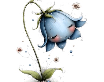 May include: A whimsical illustration of a blue flower with a smiling face, closed eyes, and rosy cheeks. The flower has a long, curved stem with green leaves and is surrounded by small flowers and dots on a white background.