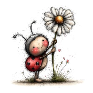 Pode incluir: Uma ilustração fantástica de uma joaninha de desenho animado segurando uma grande margarida. A joaninha tem uma concha vermelha com manchas pretas, uma cabeça cinza e um rosto sorridente. A margarida tem pétalas brancas e um centro amarelo.