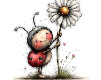 Puede incluir: Ilustración caprichosa de una mariquita de dibujos animados sosteniendo una gran margarita. La mariquita tiene un caparazón rojo con lunares negros, una cabeza gris y una cara sonriente. La margarita tiene pétalos blancos y un centro amarillo.