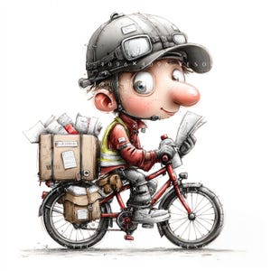 May include: A cartoon illustration of a courier wearing a grey helmet with goggles, a red jacket, and a yellow high-visibility vest, riding a red bicycle. The bike is equipped with a large brown parcel box and a side bag, while the courier reads a paper.