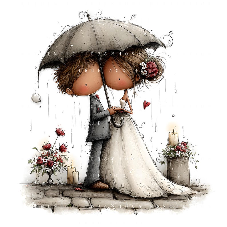 May include: A romantic illustration of a couple sheltering under an umbrella in the rain. The bride is in a white wedding dress, and the groom wears a grey suit. Red flowers, candles, and a red heart add to the scene's charm.