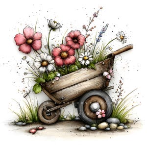 May include: A watercolour illustration of a wooden wheelbarrow filled with pink, white, and daisy-like flowers, and green foliage. The wheelbarrow sits on a dirt path with small rocks and grass. The image has a soft, artistic style.