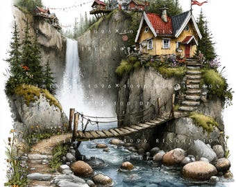 36 Nordic Fjord Village Clipart, Whimsical Cottage And Lighthouse Landscape Set, Printable Art, Papercraft, Junk Journal, High-Quality JPGs