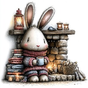 May include: A cozy illustration of a white bunny wearing a red scarf and sweater, holding a blue mug. The bunny sits by a stone fireplace with a stack of books, candles, and a lantern. A charming, whimsical scene.