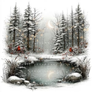 May include: A winter landscape illustration featuring snow-covered pine trees, a frozen pond, and two red cardinals perched on branches. A crescent moon hangs in the sky, and the text AUTHENTIC 4096 X 4096 RESOLUTION TRUE 300 DPI is overlaid.