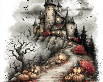 40 Halloween Landscape Clipart Bundle, Whimsical Haunted Night Forest Scenes, Printable Art, Papercraft, Junk Journal, High-Quality JPGs