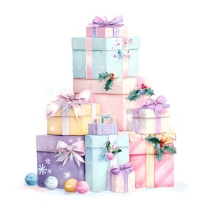 May include: A watercolor illustration of a stack of pastel-colored gift boxes. The boxes are in shades of pink, blue, purple, and yellow, adorned with ribbons, bows, and decorative holly. Some boxes have snowflake and floral accents. Christmas ornaments are at the base.