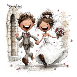 May include: A watercolour illustration depicts a happy couple on their wedding day. The groom is in a grey suit with a pink tie, and the bride wears a white lace gown, holding a bouquet. They run together, with rose petals scattered around.