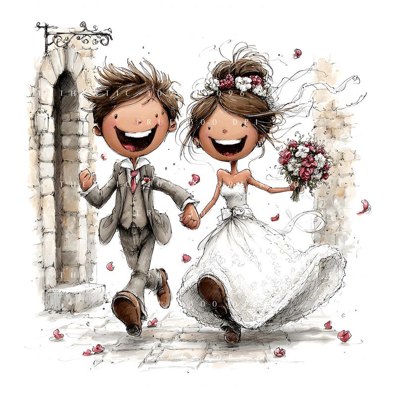 May include: A watercolour illustration depicts a happy couple on their wedding day. The groom is in a grey suit with a pink tie, and the bride wears a white lace gown, holding a bouquet. They run together, with rose petals scattered around.