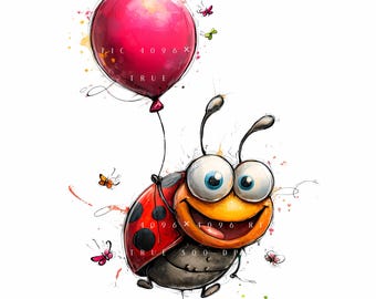 May include: A whimsical illustration of a cartoon ladybug with a red shell and black spots, holding a bright pink balloon. The ladybug has large blue eyes and a wide, happy smile. Butterflies and paint splatters add to the playful design.