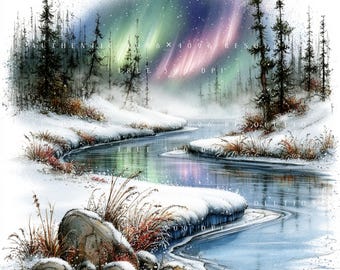 32 Aurora Winter Landscape Clipart Bundle, Whimsical Northern Lights Scene Set, Printable Art, Papercraft, Junk Journal, High-Quality JPGs