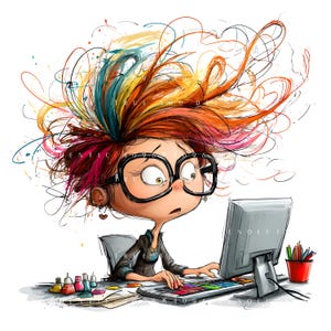 May include: A cartoon illustration of a person with colorful, messy hair and large glasses, looking surprised while working on a computer. The desk includes a color palette, paints, and a red cup with pencils.