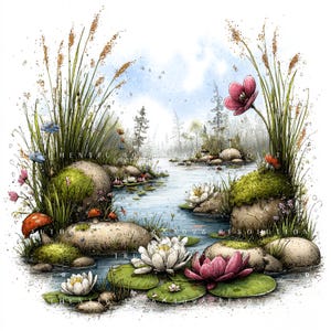 Op de afbeelding: Een aquarelachtige illustratie van een rustige vijver met witte en roze waterlelies op groene bladeren, met mos bedekte rotsen, hoog gras en kleine rode paddenstoelen, met de tekst AUTHENTIC 4096 X 1096 RESOLUTION duidelijk zichtbaar.