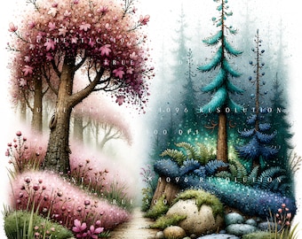 28 Dual Color Forest Landscape Clipart, Whimsical Seasonal Woodland Scene Set, Printable Art, Papercraft, Junk Journal, High-Quality JPGs