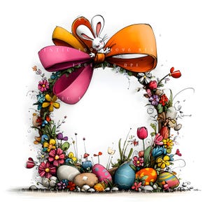 May include: A vibrant Easter wreath featuring a large pink and orange bow, a white bunny, and painted Easter eggs. The wreath is decorated with flowers and foliage, creating a cheerful spring decoration for the home.