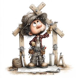 Könnte beinhalten: Eine Cartoon-Illustration eines Bauarbeiters mit braunem Hut, rotem Flanellhemd und Arbeitshose mit Werkzeuggürtel. Die Person hält einen Hammer an einem Holzrahmen. Werkzeuge, ein Seilbündel und Baupläne liegen auf dem Boden.