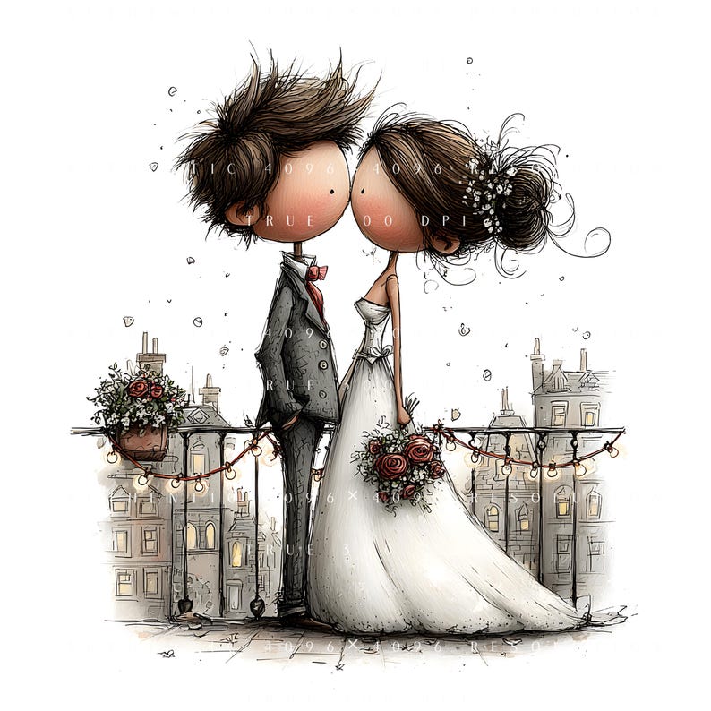 May include: A charming illustration of a wedding couple on a balcony. The groom is in a grey suit with a red tie, and the bride wears a white dress, holding a bouquet. The background features a cityscape with fairy lights and flower boxes.
