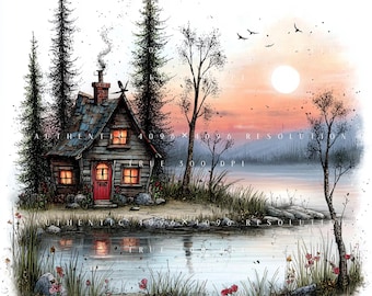 27 Whimsical Wooden Cabin Landscape Clipart Bundle, Lake Cottage Scenery Set, Printable Art, Papercraft, Junk Journal, High-Quality JPGs