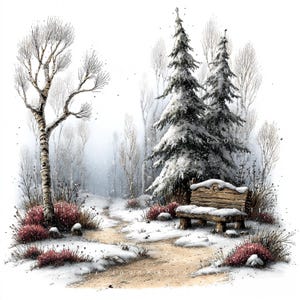 36 Clipart-bilder med vinterbänkar och landskap, nyckfull snöig stuga och skogsscen, utskrivbar konst, papperspyssel, skräpjournal, högkvalitativa JPG-bilder