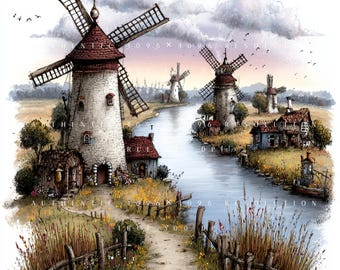 35 Dutch Windmill Landscape Clipart, Whimsical Netherlands Canal Village Set, Printable Art, Papercraft, Junk Journal, High-Quality JPGs