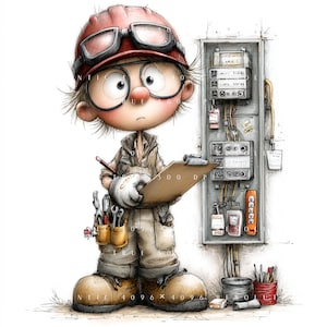 32 Electrician Clipart Bundle, Whimsical Electrical Worker Set With Tools & Vans, Printable Art, Papercraft, Junk Journal, High-Quality JPGs