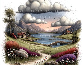 36 Scottish Highland Landscape Clipart Bundle, Whimsical Scotland Mountain Views, Printable Art, Papercraft, Junk Journal, High-Quality JPGs