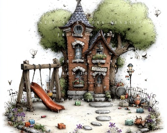24 Whimsical School Building Landscape Clipart Bundle, Kids Classroom Decor Set, Printable Art, Papercraft, Junk Journal, High-Quality JPGs