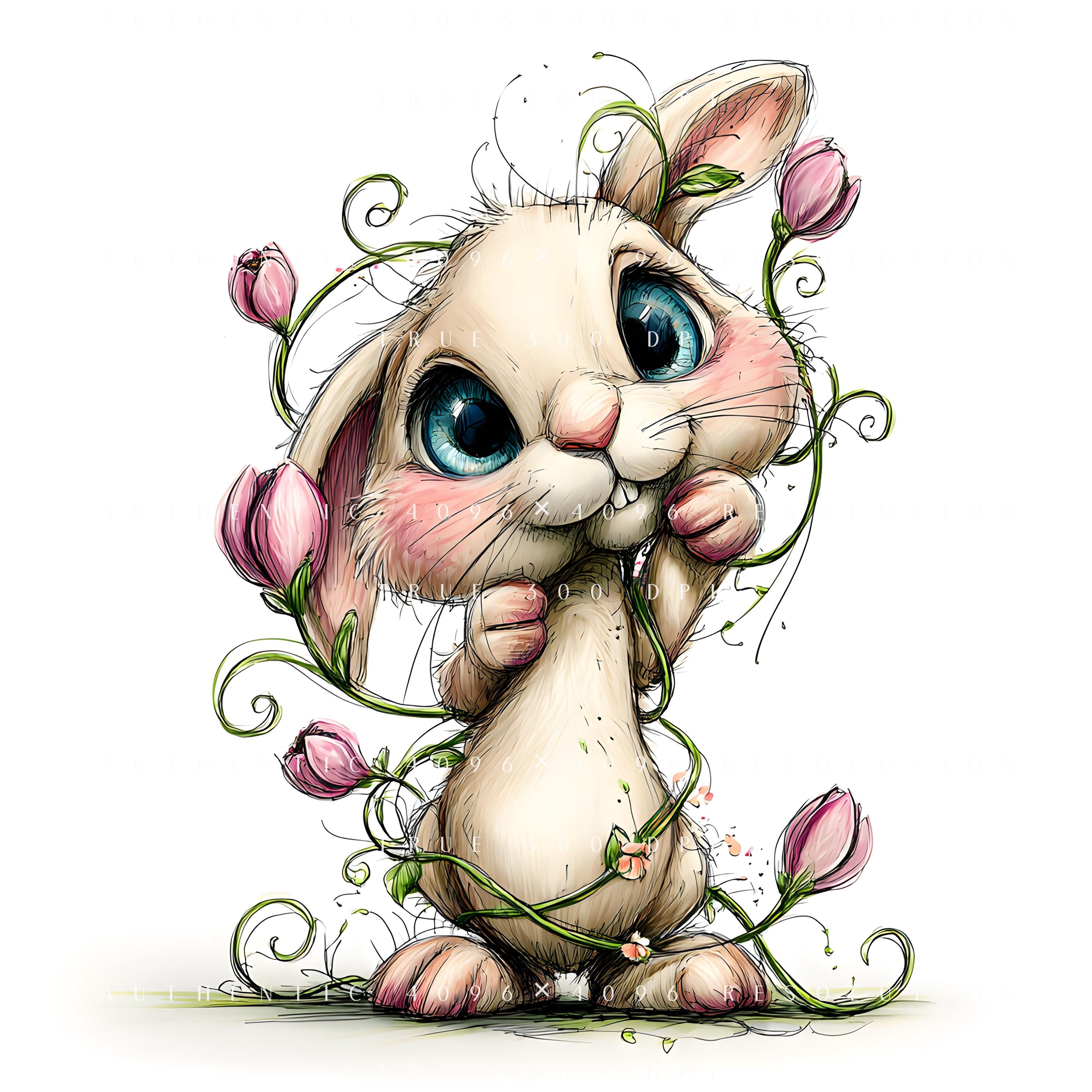 20 Floral Bunny Clipart, Cute Rabbit With Flower, Whimsical Spring ...