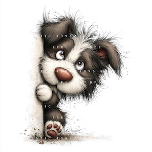 Puede incluir: Una ilustración caprichosa de un cachorro asomándose por una esquina. El cachorro tiene pelaje marrón y blanco, una nariz rosada y ojos marrones grandes. La pata del cachorro y parte de su cuerpo son visibles, lo que se suma a la composición juguetona.