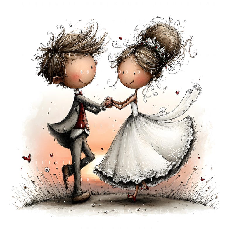May include: A watercolour illustration depicts a dancing bride and groom. The groom is in a grey suit with a red waistcoat, and the bride wears a white wedding dress. The background shows a sunset and small red hearts.