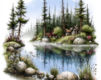 40 Forest Water Reflection Clipart Bundle, Whimsical Woodland Lake Landscape Set, Printable Art, Papercraft, Junk Journal, High-Quality JPGs