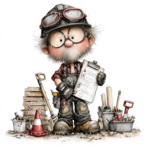May include: A cartoon illustration of a construction worker wearing a hard hat with goggles, round glasses, and overalls. The character holds a clipboard with a checklist, standing amidst construction tools, a traffic cone, and buckets.