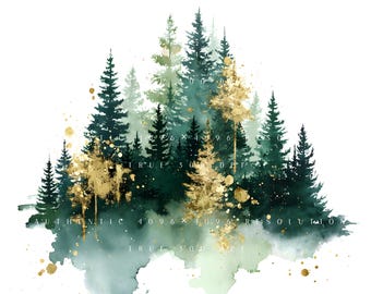 22 imágenes prediseñadas de bosque perenne, paisajes de pinos brumosos, escenas de naturaleza boscosa, acuarela imprimible, manualidades de papel, diario basura, archivos JPG de alta calidad