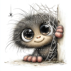 May include: A whimsical illustration of a furry creature with large, expressive eyes and a friendly smile. The creature is gray and brown, with pink hands and feet, peeking from behind a wooden surface. A spider and web are also present.