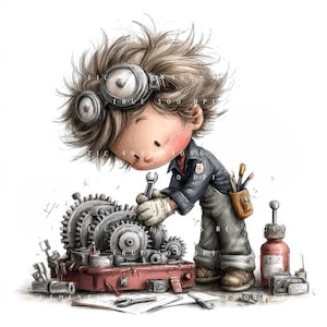 May include: A cartoon illustration of a character with messy hair wearing goggles, a dark shirt, and grey overalls, holding a wrench while working on a complex gear mechanism. A red toolbox, various tools, and a red bottle are placed on the ground.