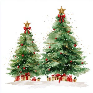 May include: A watercolour illustration of two Christmas trees, each topped with a gold star and red bow. The trees are adorned with red baubles and gold tinsel. Presents wrapped in red and gold sit at the base, on a snowy ground.