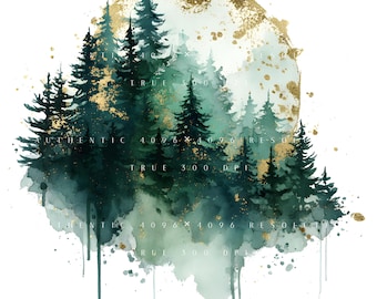 22 imágenes prediseñadas de bosque perenne, pinos brumosos, decoración de paisajes naturales, acuarela imprimible, manualidades de papel, diario basura, archivos JPG de alta calidad