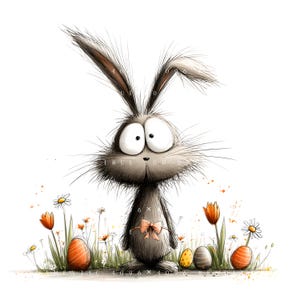 Könnte beinhalten: Eine skurrile Illustration eines Cartoon-Osterhasen mit großen Augen und einer rosa Schleife. Der Hase steht in einem Feld aus Gras und Blumen, mit mehreren dekorierten Ostereiern. Die Farbpalette umfasst Grautöne, Orange und Weiß.