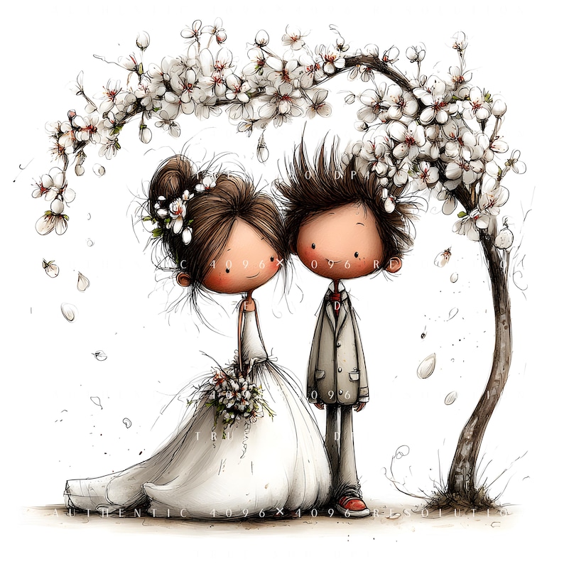 May include: A charming illustration of a couple on their wedding day, beneath a blossoming tree. The bride is in a white gown, holding a bouquet. The groom wears a grey suit and red shoes. The image has a romantic, fairytale aesthetic.