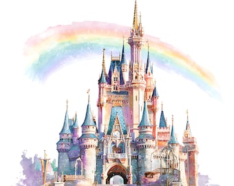 May include: A watercolour illustration of a fairytale castle with multiple turrets, spires, and a rainbow arching above. The castle features shades of blue, pink, and gold, set against a white background. The artwork evokes a whimsical and magical theme.