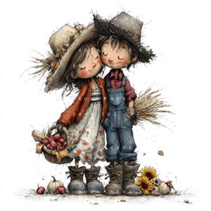 Peut inclure: Une illustration numérique de deux personnages portant des chapeaux de paille et des bottes. L'un porte une robe à fleurs et un gilet rouge, tenant un panier de pommes rouges. L'autre porte une chemise à carreaux rouges et une salopette en jean.