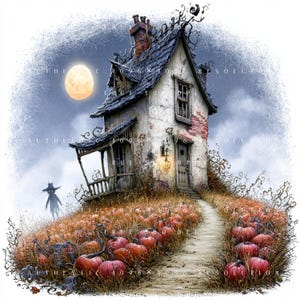 May include: A digital illustration of a weathered, two-story house with a dark shingled roof, situated on a hill covered in orange pumpkins and dry grass. A dirt path leads to the front door, while a full moon glows in the dark, cloudy sky.