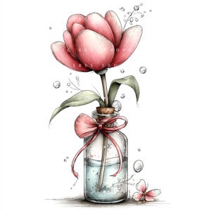Puede incluir: Una ilustración digital de un tulipán rosa en una botella de vidrio transparente con tapón de corcho. La botella está atada con una cinta rosa y contiene agua. Pequeñas burbujas y un pétalo rosa están dispersos alrededor de la flor.