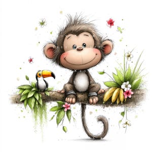 May include: A digital illustration of a brown monkey with a white belly sitting on a tree branch. A small toucan sits to the left, and a bunch of yellow bananas with green leaves and small pink and white flowers are positioned to the right.