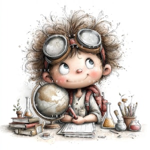 Könnte beinhalten: Eine skurrile Illustration eines Kindes mit zerzaustem braunem Haar und Fliegerbrille, das an einem Schreibtisch mit einem Globus, gestapelten Büchern, Laborbechern mit farbigen Flüssigkeiten und einem Behälter mit Pinseln und Stiften sitzt.