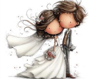 25 Whimsical Beach Wedding Couple Clipart, Romantic Bride Groom Love Set, Printable Art, Papercraft, Junk Journal, High-Quality JPGs
