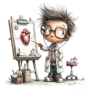May include: A cartoon illustration of a doctor with messy hair and large black glasses wearing a white lab coat and stethoscope. The doctor points with a pen at a red anatomical heart drawing on a clipboard mounted on a wooden easel stand.