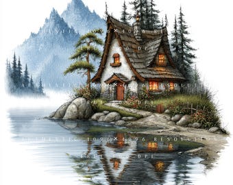 40 Cottage Reflection Clipart Bundle, Whimsical Lakeside House Set, Pond Scenes, Printable Art, Papercraft, Junk Journal, High-Quality JPGs