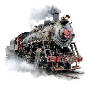 May include: Watercolor illustration of a vintage steam train, emitting a plume of smoke. The train is primarily gray with red accents, including the number 125 on the front. The image is set against a white background.